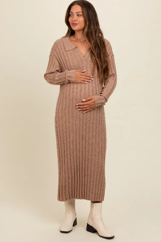 Daily Deals Mocha Ribbed Collared Maternity Midi Sweater Dress