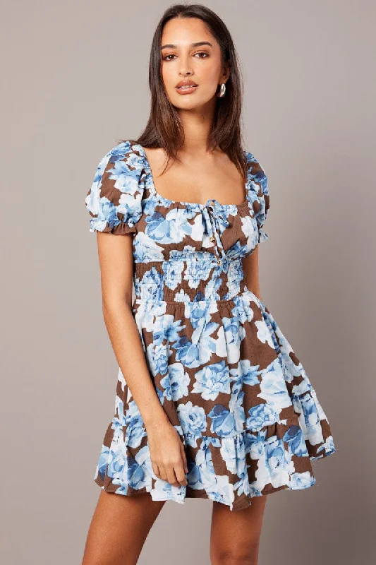 Save Big Multi Floral Fit And Flare Dress Puff Sleeve Mini Floral print