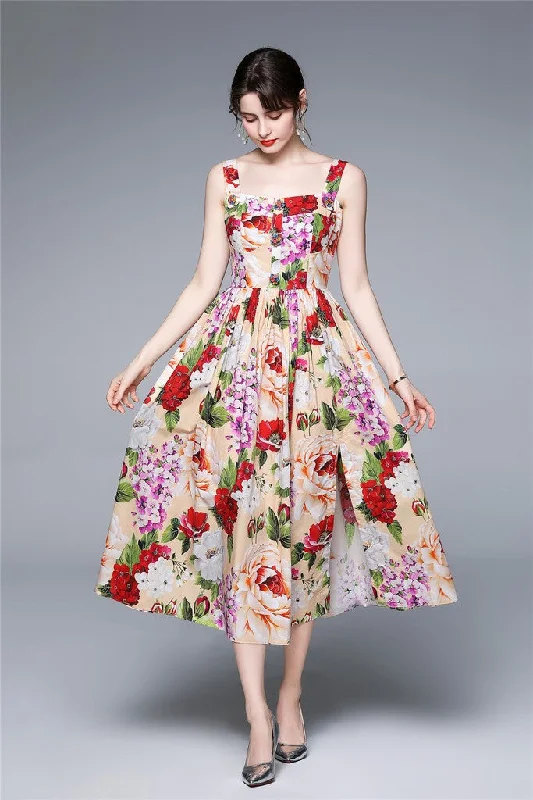 Summer Splash Sale Multicolor Day A-line Off The Shoulder Strap Midi Floral Dress