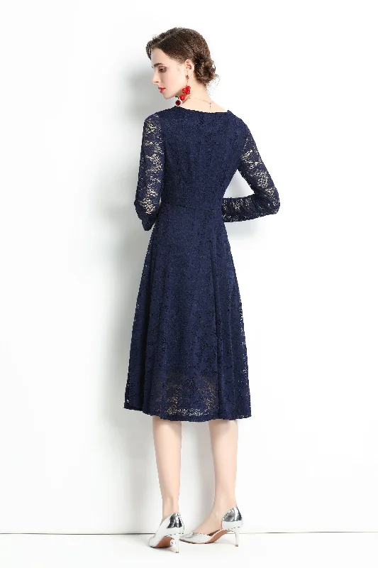 Bold Fashion Navy Evening Lace A-line Boatneck Long Sleeve Midi Classic Dress