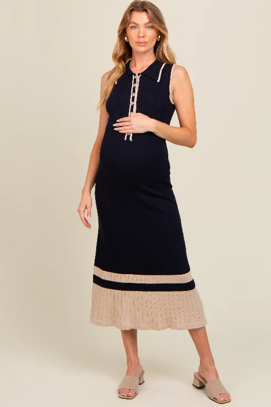 Chic Outfits Navy Knit Button Front Contrast Border Maternity Midi Dress