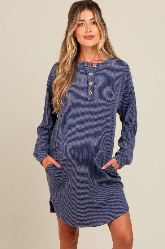 Pastel Styles Navy Ribbed Button Accent Maternity Dress