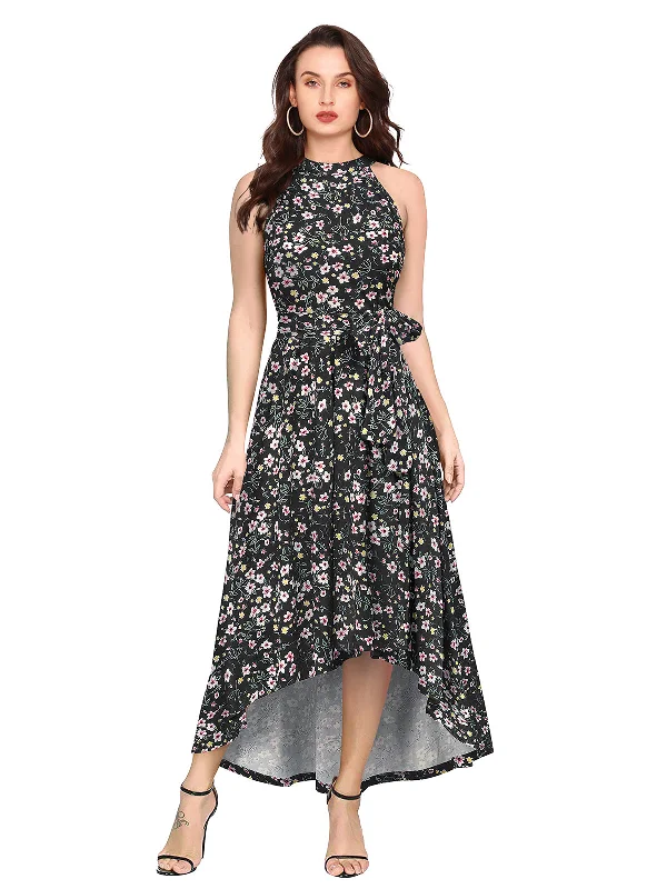 Stylish Looks Odette Black Polyester Asymmetric A-line Printed Dress For Women