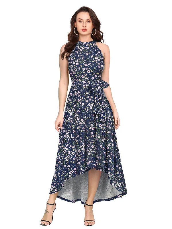 Chic Outfits Odette Blue Polyester Asymmetric A-line Printed Dress For Women