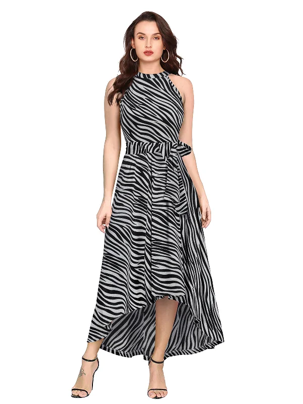 Special Offer Odette Grey and Black Polyester Asymmetric A-line Printed Dress For Women