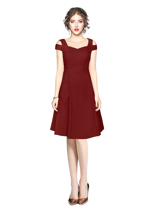 Vibrant Femme Fashion Odette Maroon Polyester Skater  Dress For Women