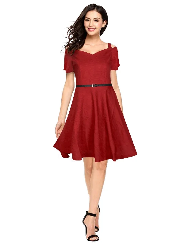 Modern Women's Fashion Odette Maroon Polyester Skater Dress For Women