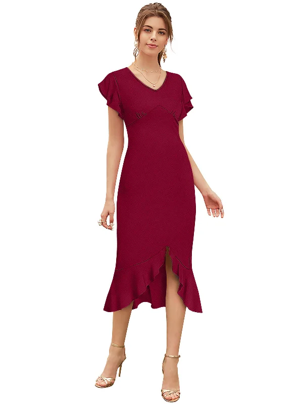 Limited Time Offers Odette Maroon Knit Fabric Dress For Women