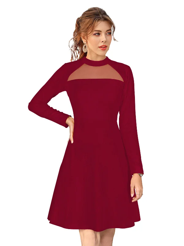 Best Sellers Odette Maroon Skater Knit Fabric Dress For Women