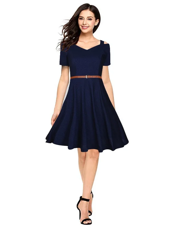 Must-Have Styles Odette Navy Blue Polyester Skater Dress For Women