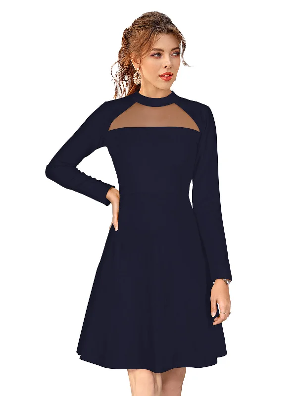 Mega Sale Odette Navy Blue Skater Knit Fabric Dress For Women