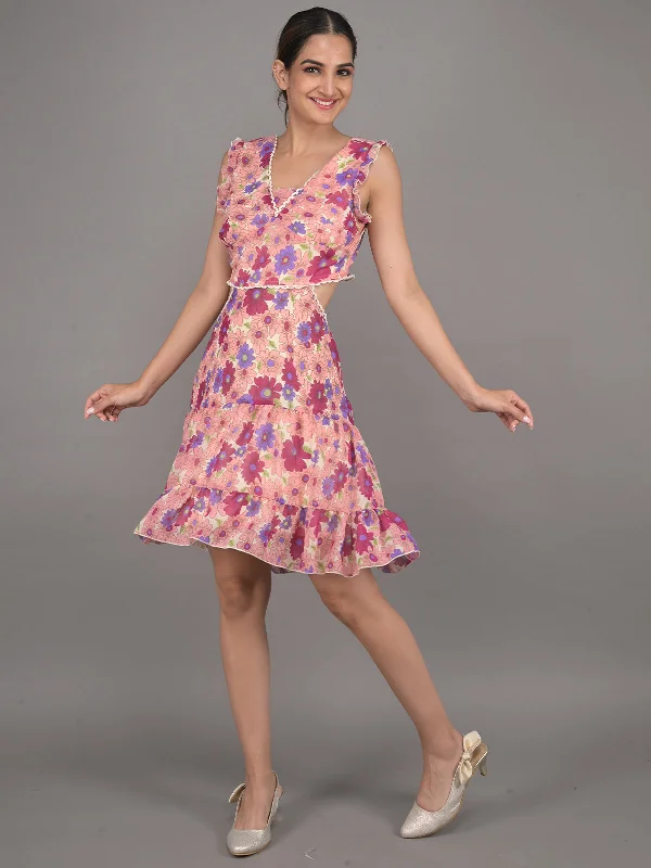 Shop Sales Odette Peach Floral Printed Cut-Out Tiered Fit & Flare Stitched Dress for Women