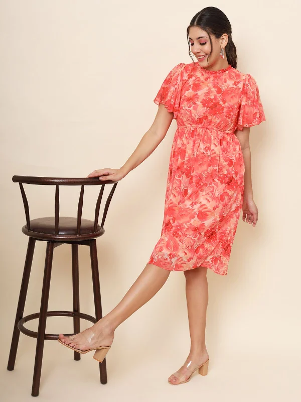 Floral Style Odette Pink Chiffon Printed Stitched Western Dress For Women