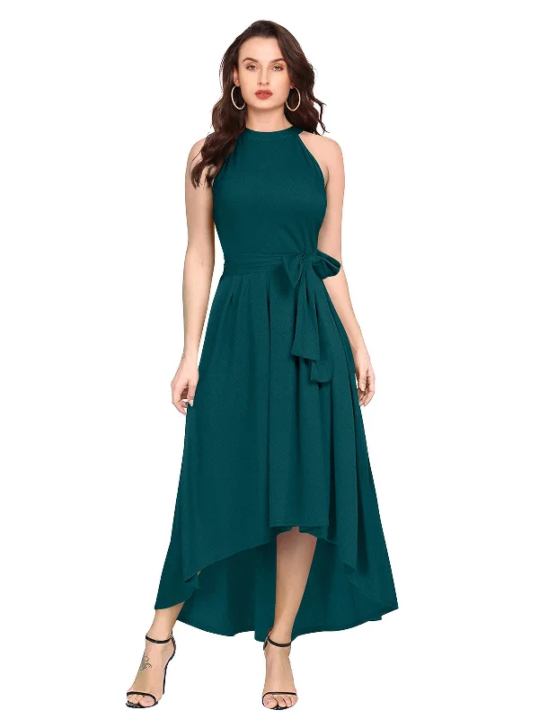 Flowing Silhouette Odette Teal Polyester High Low Dress For Women