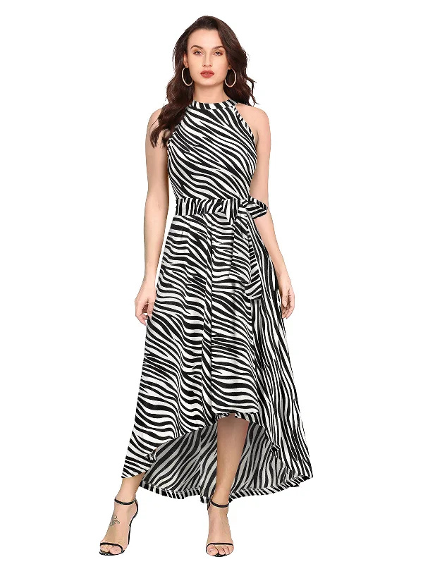 Spring Fling Sale Odette White and Black Polyester Asymmetric A-line Printed Dress For Women