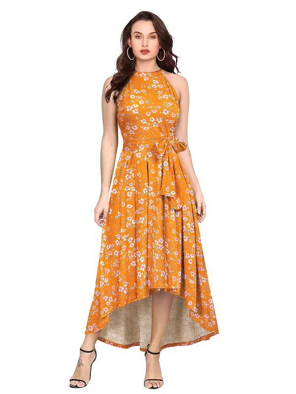 Seasonal Sale Odette Yellow Polyester Asymmetric A-line Printed Dress For Women