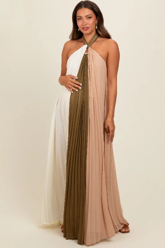 Special Offers, Don't Miss Olive Colorblock Pleated Halter Neck Maternity Maxi Dress