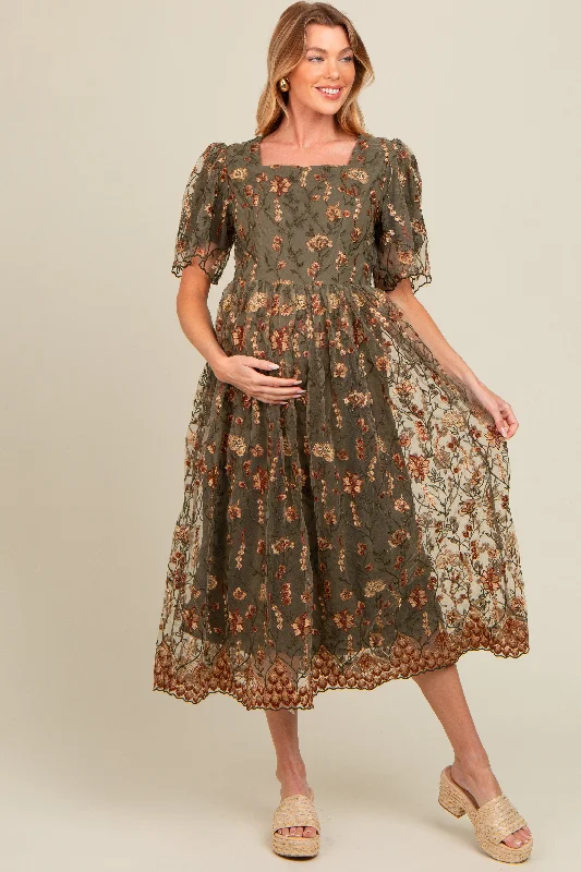 Ends Soon Olive Floral Embroidered Mesh Overlay Maternity Midi Dress