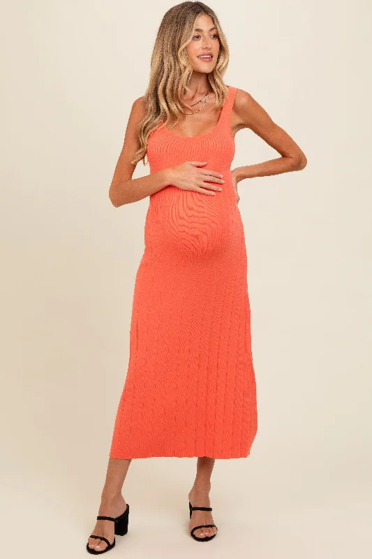 Early Access To Art Deco Styles Sale Orange Knit Ribbed Fitted Maternity Midi Dress