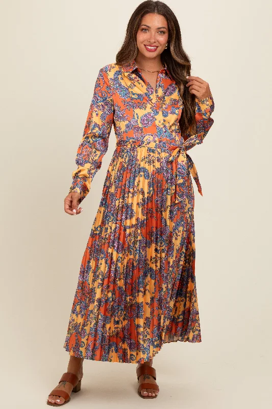 Versatile Wardrobe Essentials Orange Paisley Print Pleated Button Down Maternity Midi Dress