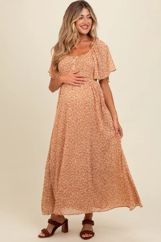 Fashion Forward Femme Peach Floral Smocked Button Accent Maternity Maxi Dress