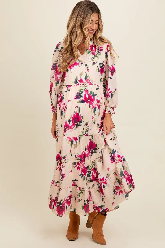 Spring Wardrobe Peach Floral V-Neck Tiered Maternity Midi Dress