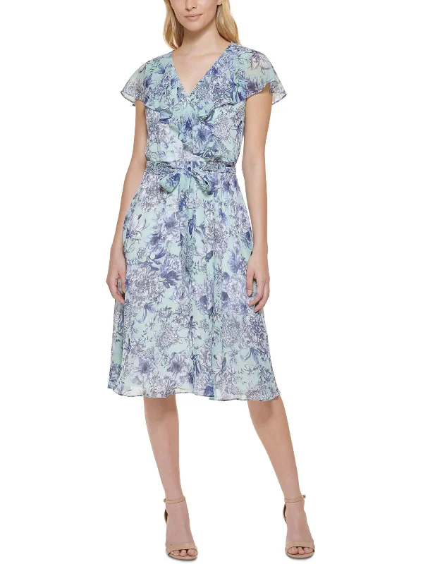 Chic Trends Unveiled Petites Womens Chiffon Floral Fit & Flare Dress