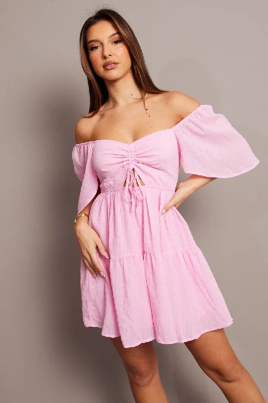 Ethnic Cultural Event Wear Pink Fit And Flare Dress Short Sleeve Mini