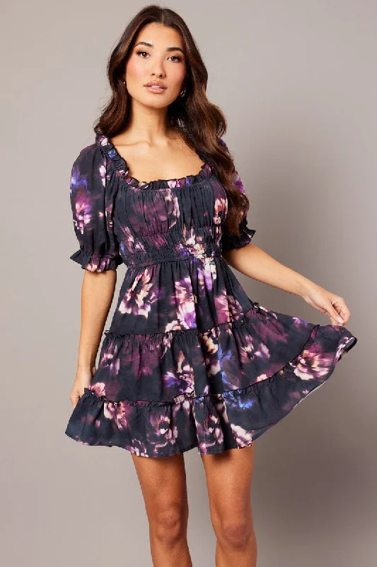 Special Offer Purple Floral Fit And Flare Dress Puff Sleeve Mini