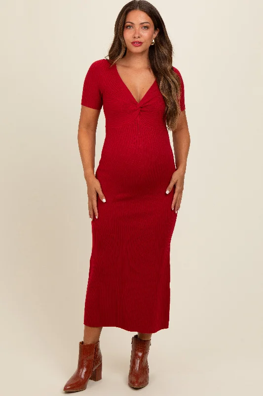 Floral Style Red Knit Twisted V-Neck Maternity Maxi Dress