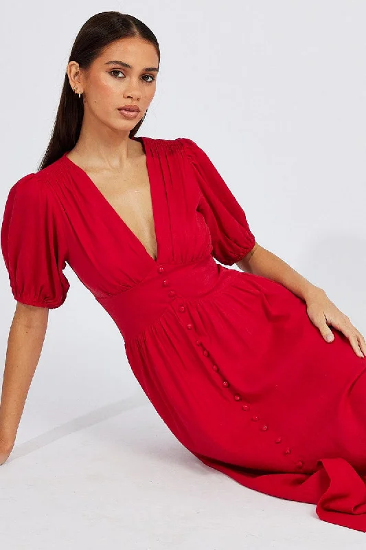 Enjoy Discount Red Midi Dress Puff Sleeve