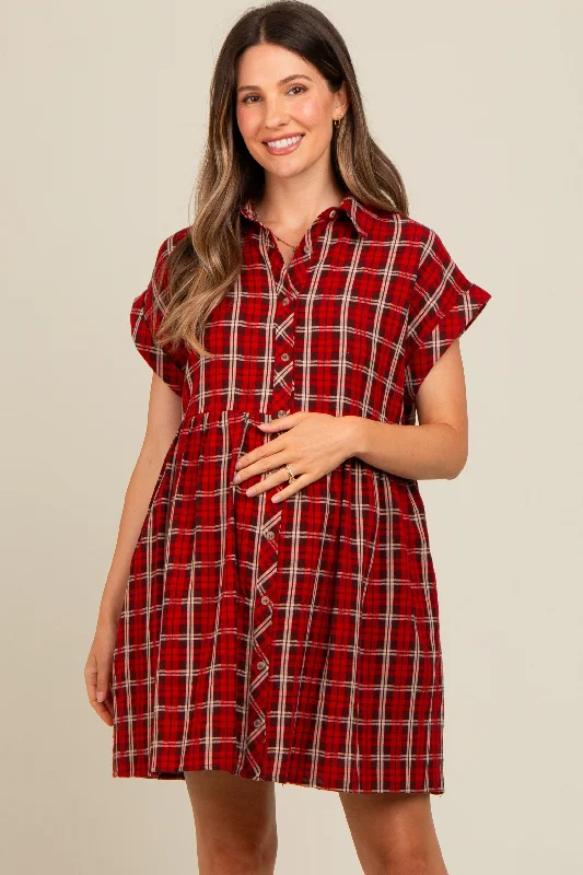 Final Clearance Red Plaid Rolled Cuff Sleeve Button Down Maternity Dress