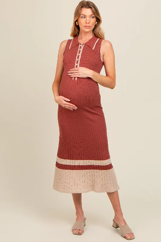 Spring Fling Sale Rust Knit Button Front Contrast Border Maternity Midi Dress