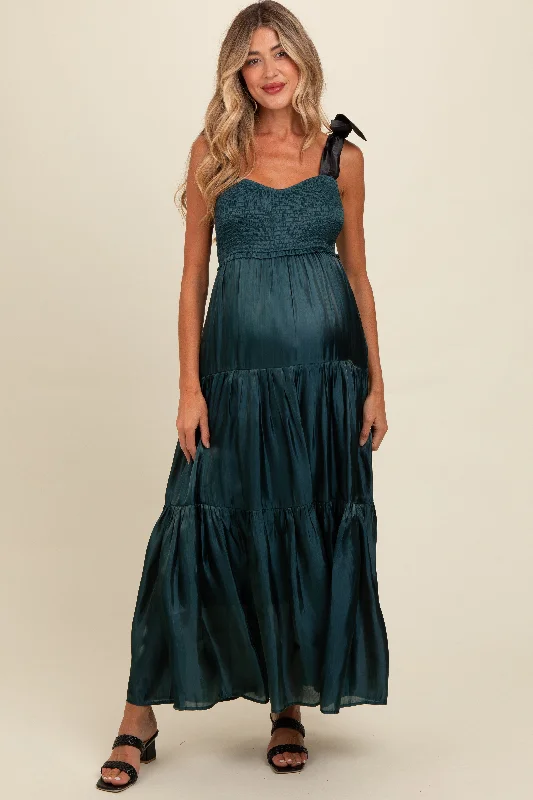 Travel Essentials Teal Tiered Satin Tie-Strap Maternity Maxi Dress