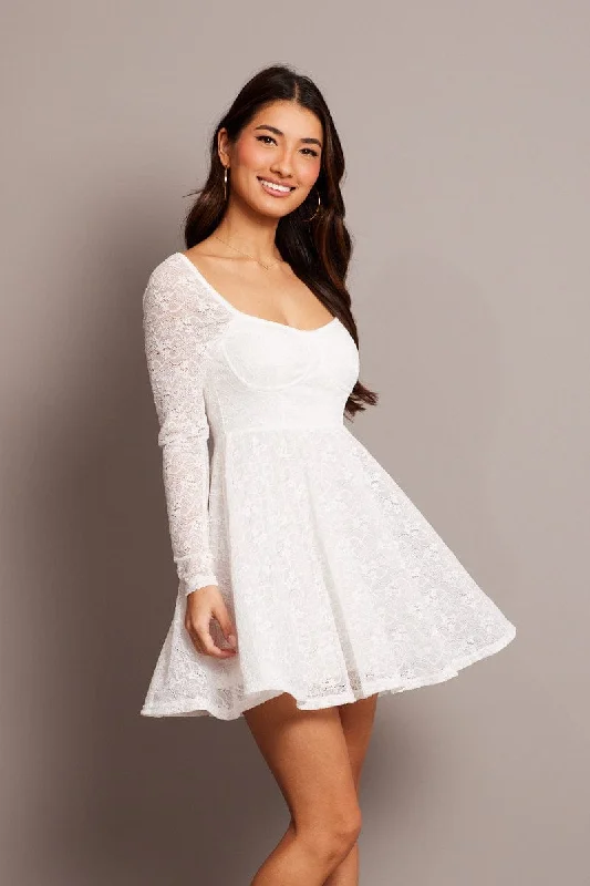 Season Appropriate Women's Collection White Fit And Flare Dress Long Sleeve Lace