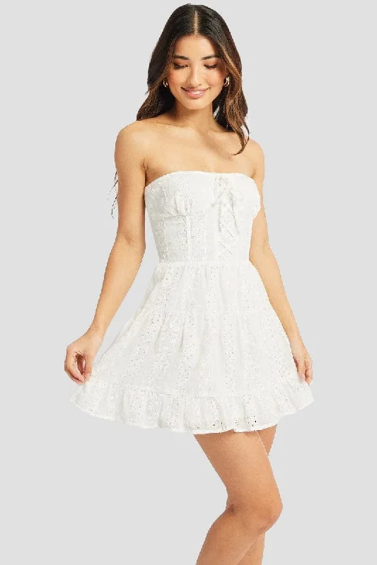 Chic Allure White Strapless Mini Dress Eyelet Fabric