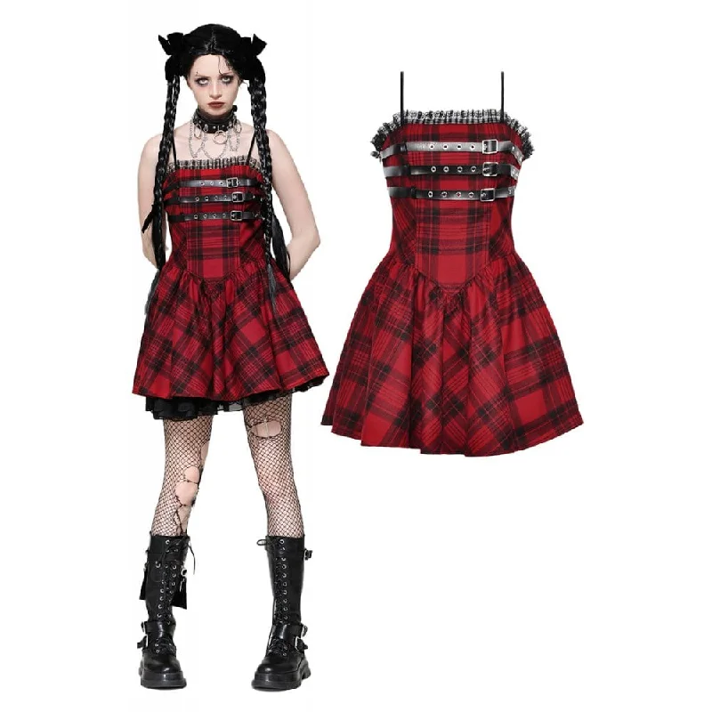 Nordic Minimalist Home Look Women's Grunge Pleated Eyelets Plaid Dress Red