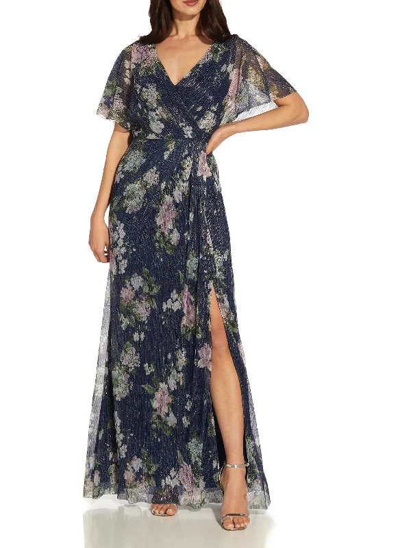 Feminine Charm Womens Metallic Floral Evening Dress