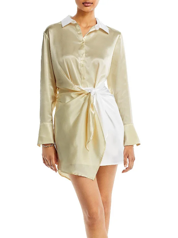 Break Fashion Norms Womens Satin Above Knee Shirtdress