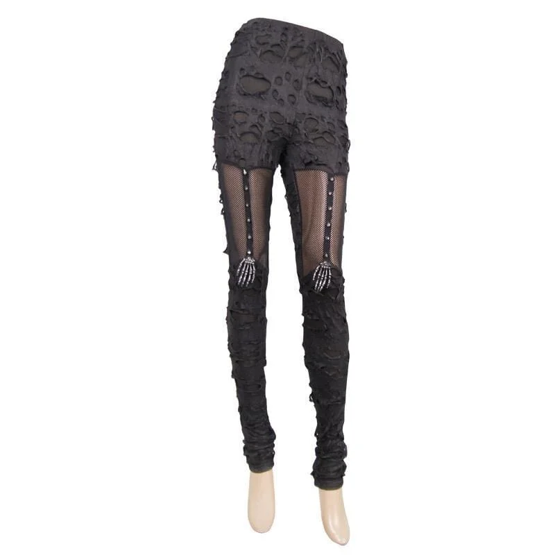 Shop Sale Items Women's Distressed Faux Leather and Mesh Goth Leggings With Skeletal Hand