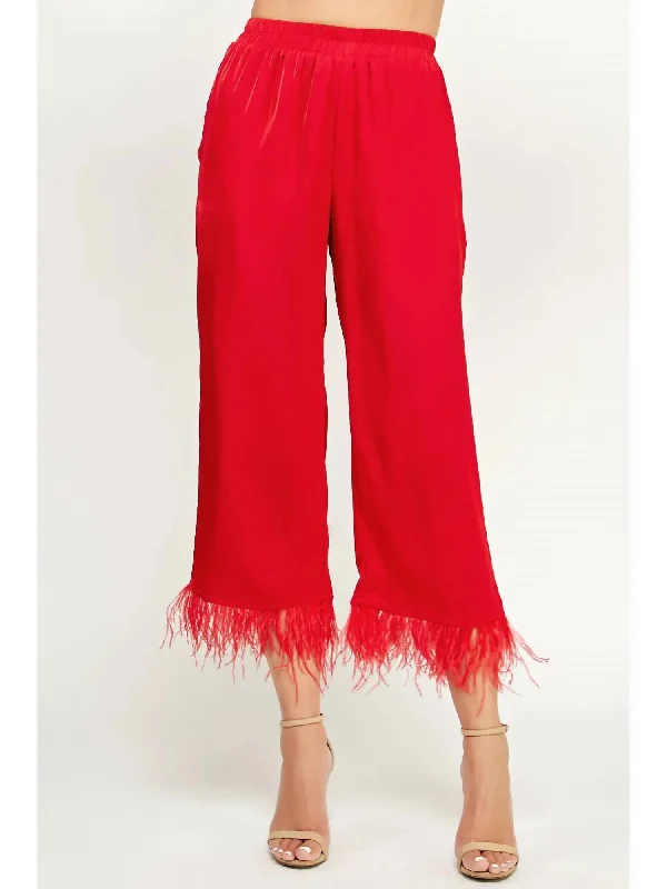 Dive Into Trendy Women's Fashion Foncy Feather Trim Pants In Crimson