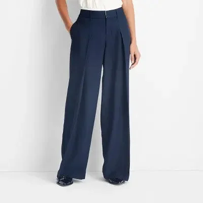 Fashion Forward New - Women's Mid-Rise Wide Leg Contrast Waistband Trousers - Future Collective