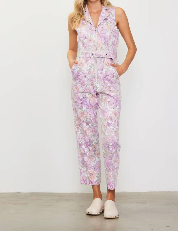 Durable Fashion Picks Retro Floral Belted Zip Jumpsuit In Lavender