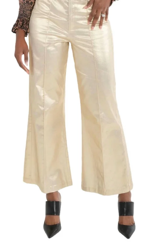 Elegant Style Ruffle Flare Pant In Metallic Gold Cotton