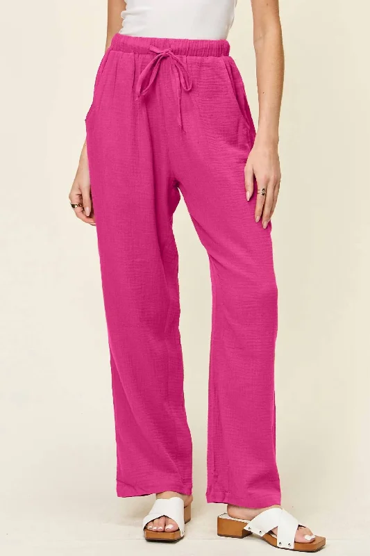 Trendy Street Style Texture Drawstring Straight Pants In Hot Pink