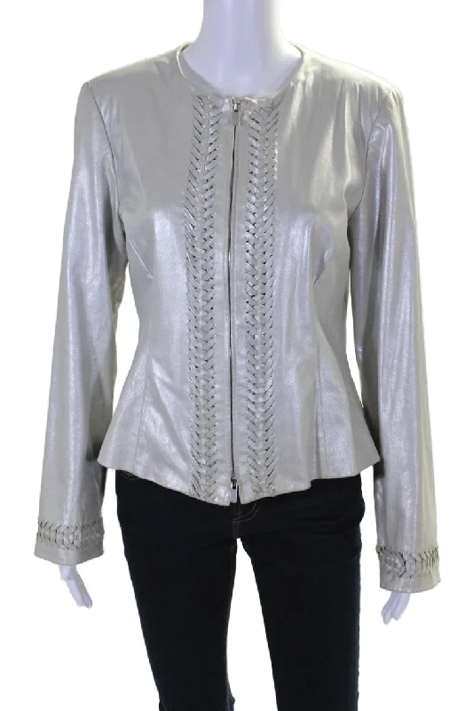 Polished Finish Armani Collezioni Womens Leather Textured Braided Zipped Jacket White