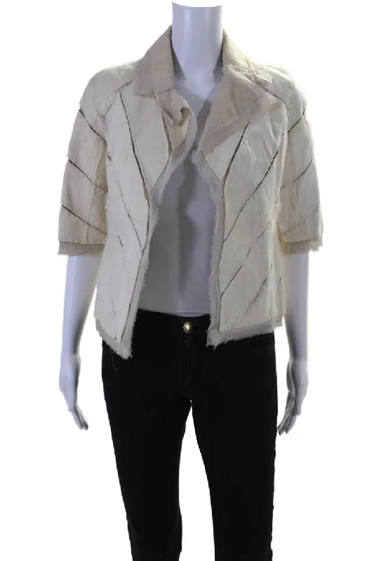 Urban Sophistication J. Mendel Womens Textured Fray Fur Lined Patchwork Thin Jacket Cream