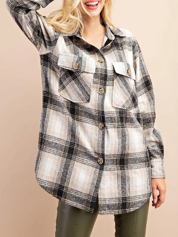 Casual Chic Plaid Shirt Jacket In Black/tan