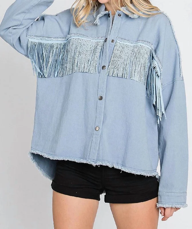 Trendy Fashion for Women Rhinestone Fringe Detail Shirt Jacket In Blue